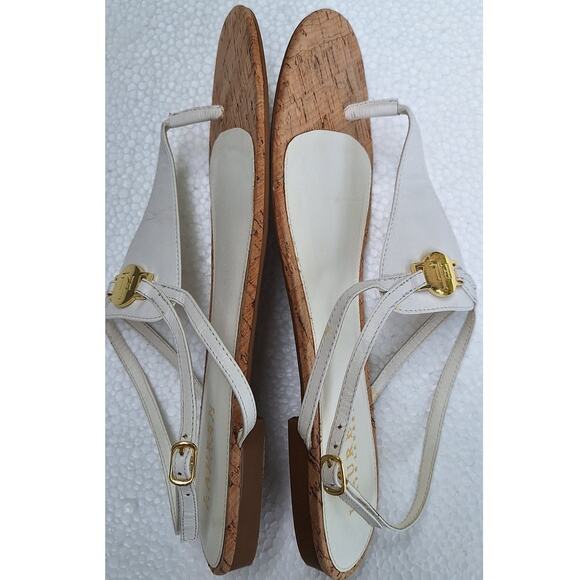 Lauren Ralph Lauren Anita Cork and Leather Flat Sandals White Size 10 Gold Logo - Picture 6 of 10